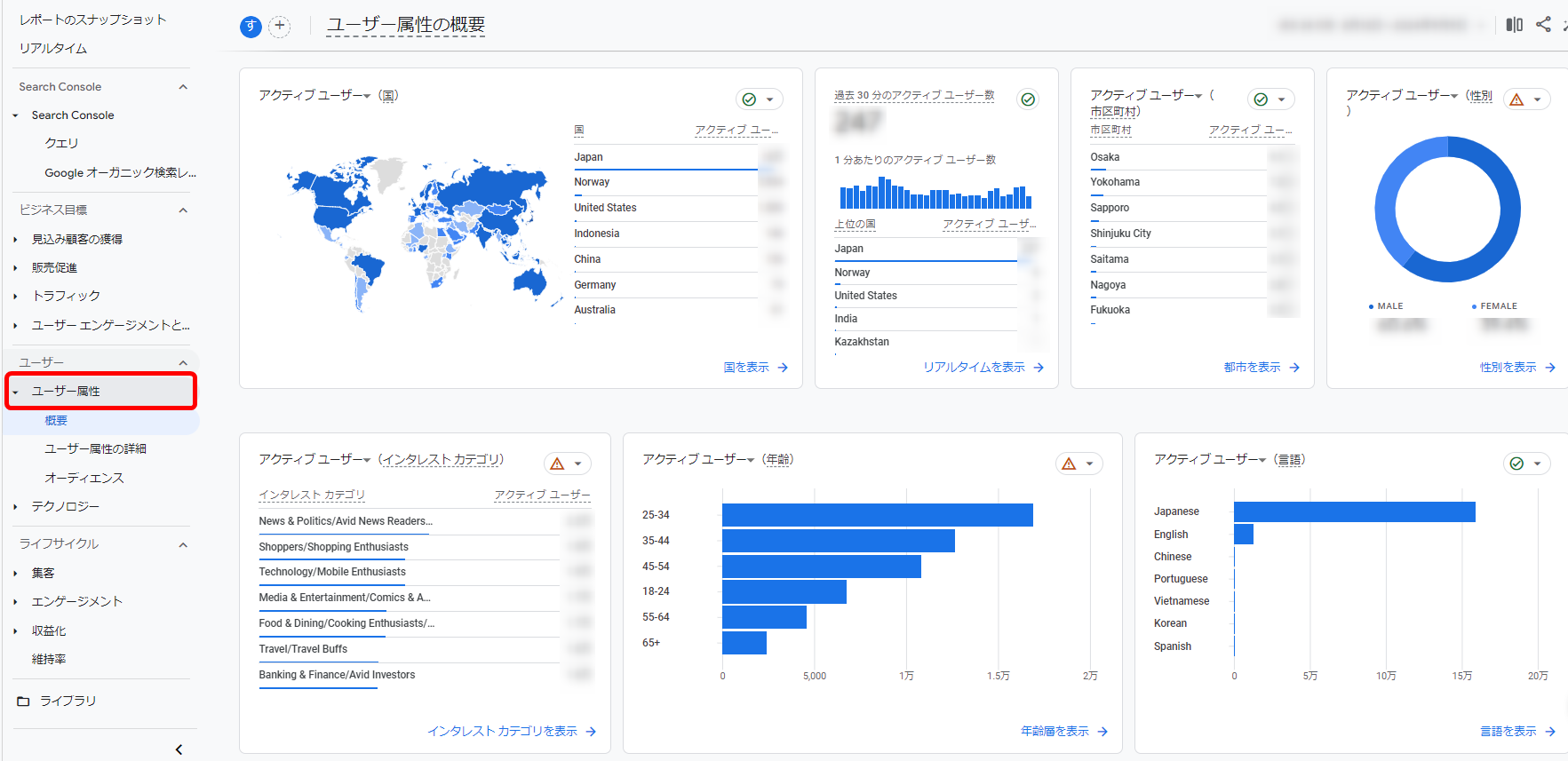 Googleアナリティクス GA4 使い方 ユーザー属性 国 地域 市区町村 言語 年齢 性別 